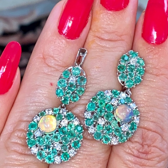 Fascinating Genuine Emerald Fire Opal Earrings - Picture 3 of 17